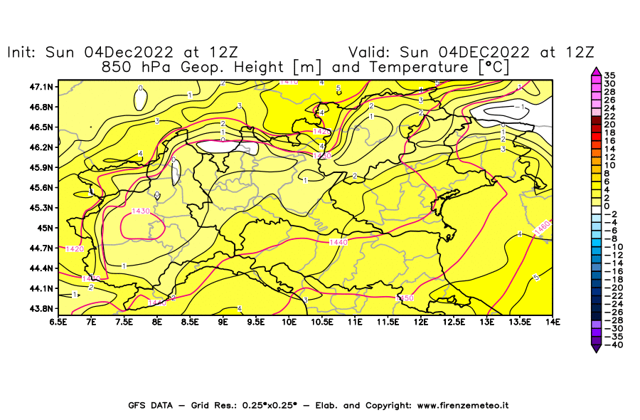 Mappa di analisi GFS - Geopotenziale [m] e Temperatura [°C] a 850 hPa in Nord-Italia
							del 04/12/2022 12 <!--googleoff: index-->UTC<!--googleon: index-->
