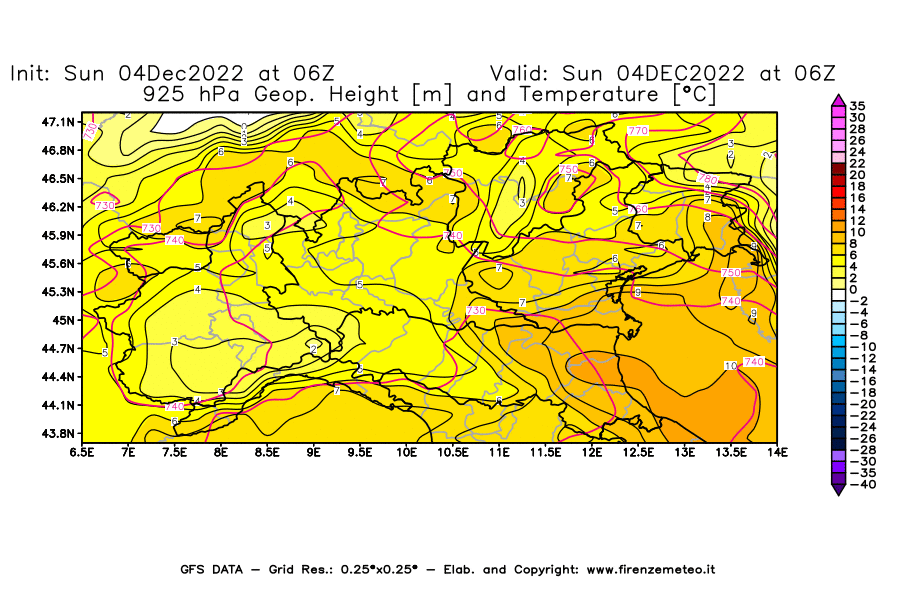 Mappa di analisi GFS - Geopotenziale [m] e Temperatura [°C] a 925 hPa in Nord-Italia
							del 04/12/2022 06 <!--googleoff: index-->UTC<!--googleon: index-->