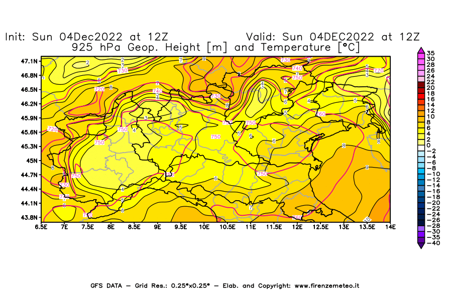 Mappa di analisi GFS - Geopotenziale [m] e Temperatura [°C] a 925 hPa in Nord-Italia
							del 04/12/2022 12 <!--googleoff: index-->UTC<!--googleon: index-->