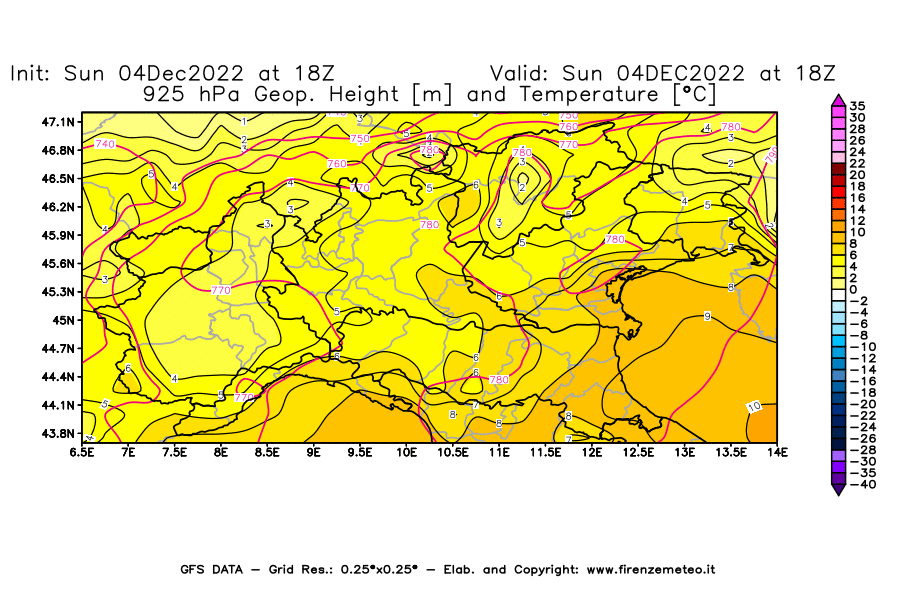 Mappa di analisi GFS - Geopotenziale [m] e Temperatura [°C] a 925 hPa in Nord-Italia
							del 04/12/2022 18 <!--googleoff: index-->UTC<!--googleon: index-->