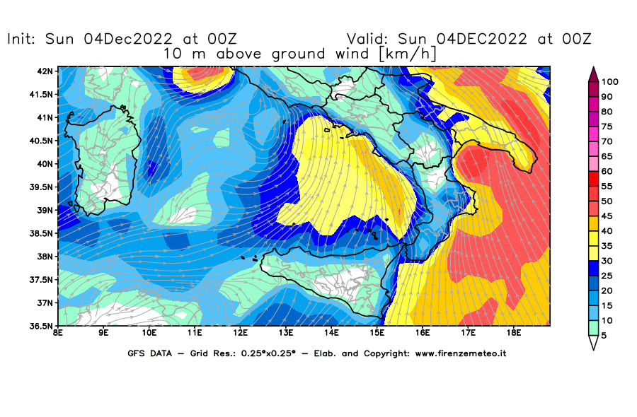 Mappa di analisi GFS - Velocità del vento a 10 metri dal suolo [km/h] in Sud-Italia
							del 04/12/2022 00 <!--googleoff: index-->UTC<!--googleon: index-->
