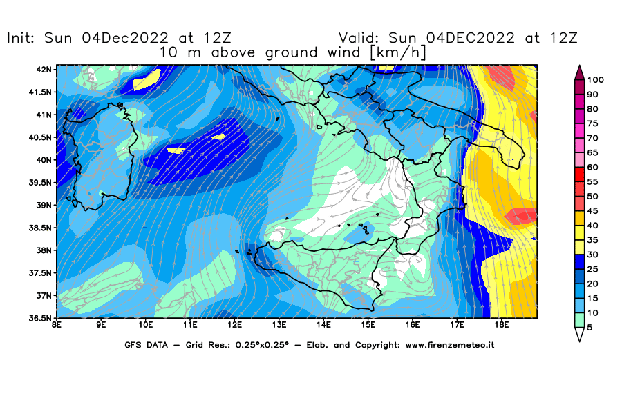Mappa di analisi GFS - Velocità del vento a 10 metri dal suolo [km/h] in Sud-Italia
							del 04/12/2022 12 <!--googleoff: index-->UTC<!--googleon: index-->