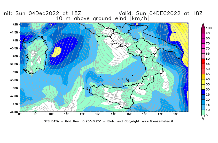 Mappa di analisi GFS - Velocità del vento a 10 metri dal suolo [km/h] in Sud-Italia
							del 04/12/2022 18 <!--googleoff: index-->UTC<!--googleon: index-->