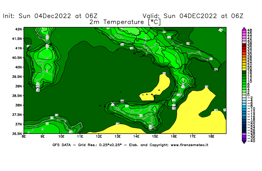 Mappa di analisi GFS - Temperatura a 2 metri dal suolo [°C] in Sud-Italia
							del 04/12/2022 06 <!--googleoff: index-->UTC<!--googleon: index-->