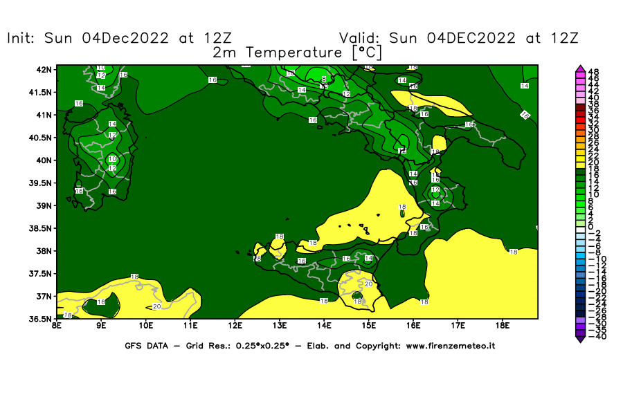 Mappa di analisi GFS - Temperatura a 2 metri dal suolo [°C] in Sud-Italia
							del 04/12/2022 12 <!--googleoff: index-->UTC<!--googleon: index-->