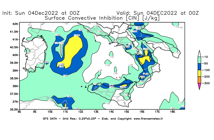 Mappa di analisi GFS - CIN [J/kg] in Sud-Italia
							del 04/12/2022 00 <!--googleoff: index-->UTC<!--googleon: index-->