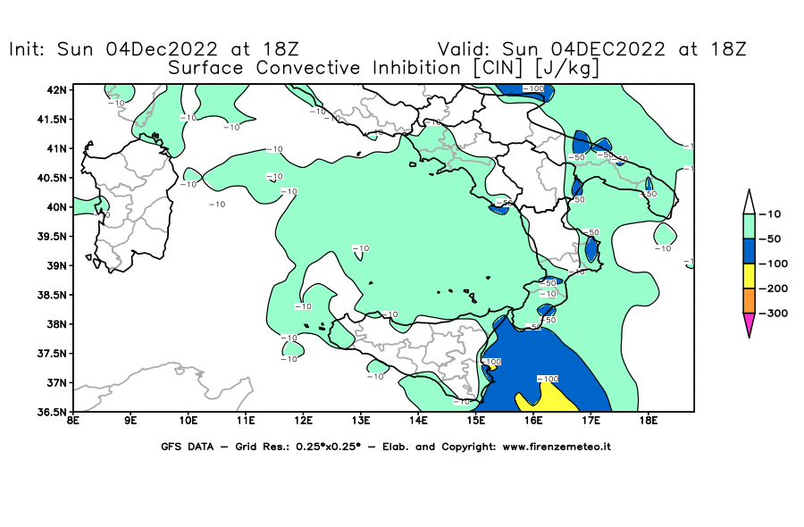 Mappa di analisi GFS - CIN [J/kg] in Sud-Italia
							del 04/12/2022 18 <!--googleoff: index-->UTC<!--googleon: index-->