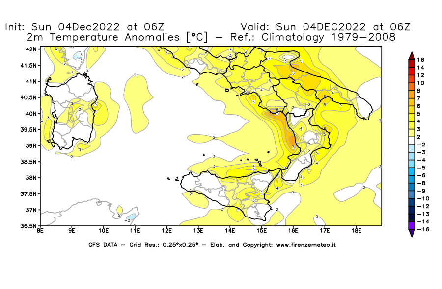 Mappa di analisi GFS - Anomalia Temperatura [°C] a 2 m in Sud-Italia
							del 04/12/2022 06 <!--googleoff: index-->UTC<!--googleon: index-->