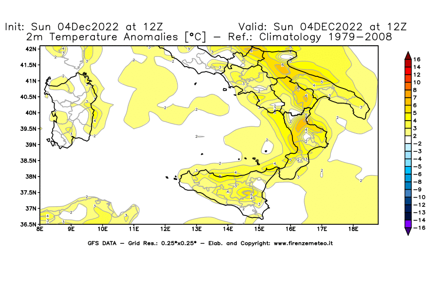 Mappa di analisi GFS - Anomalia Temperatura [°C] a 2 m in Sud-Italia
							del 04/12/2022 12 <!--googleoff: index-->UTC<!--googleon: index-->