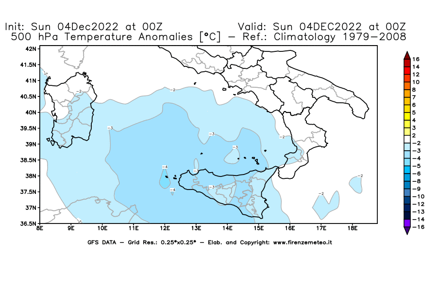 Mappa di analisi GFS - Anomalia Temperatura [°C] a 500 hPa in Sud-Italia
							del 04/12/2022 00 <!--googleoff: index-->UTC<!--googleon: index-->