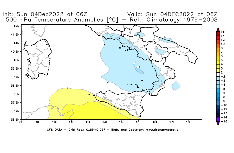 Mappa di analisi GFS - Anomalia Temperatura [°C] a 500 hPa in Sud-Italia
							del 04/12/2022 06 <!--googleoff: index-->UTC<!--googleon: index-->