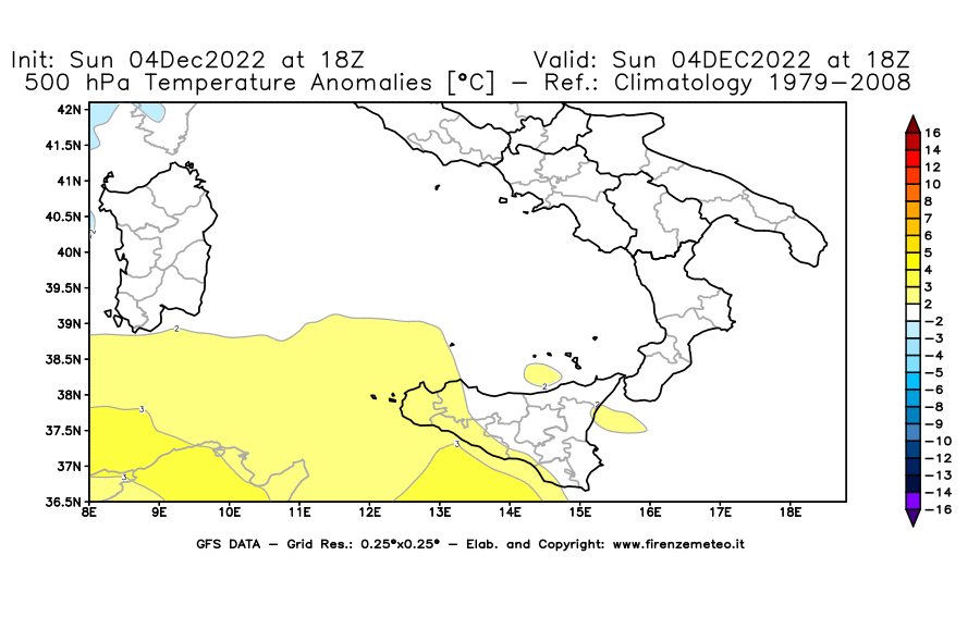 Mappa di analisi GFS - Anomalia Temperatura [°C] a 500 hPa in Sud-Italia
							del 04/12/2022 18 <!--googleoff: index-->UTC<!--googleon: index-->