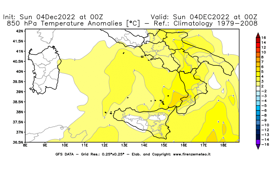Mappa di analisi GFS - Anomalia Temperatura [°C] a 850 hPa in Sud-Italia
							del 04/12/2022 00 <!--googleoff: index-->UTC<!--googleon: index-->