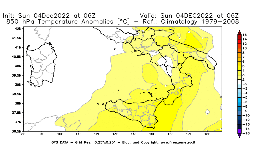 Mappa di analisi GFS - Anomalia Temperatura [°C] a 850 hPa in Sud-Italia
							del 04/12/2022 06 <!--googleoff: index-->UTC<!--googleon: index-->