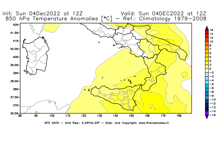 Mappa di analisi GFS - Anomalia Temperatura [°C] a 850 hPa in Sud-Italia
							del 04/12/2022 12 <!--googleoff: index-->UTC<!--googleon: index-->