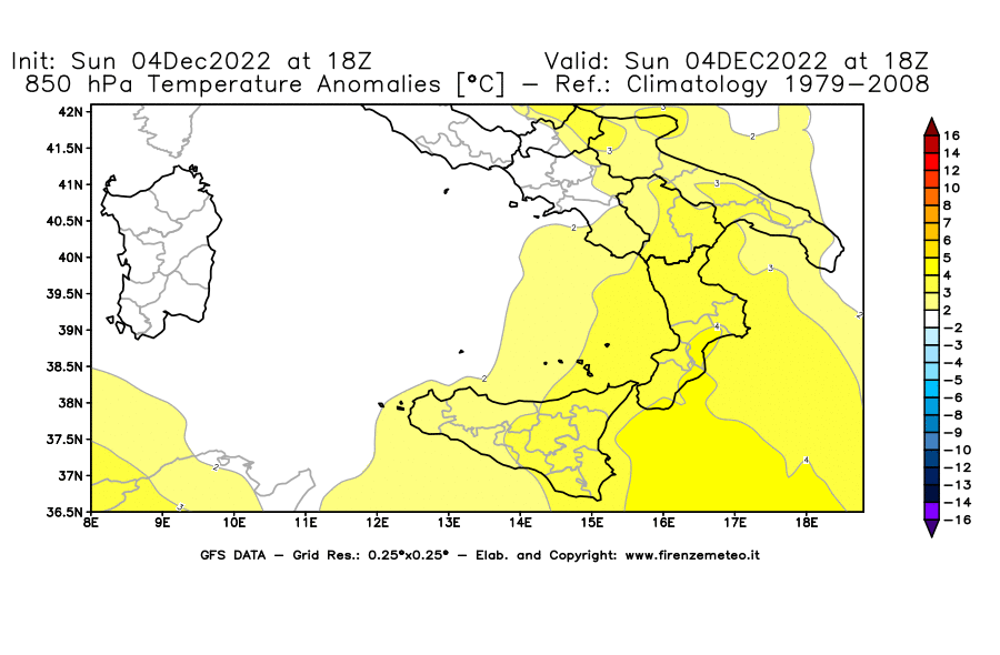 Mappa di analisi GFS - Anomalia Temperatura [°C] a 850 hPa in Sud-Italia
							del 04/12/2022 18 <!--googleoff: index-->UTC<!--googleon: index-->