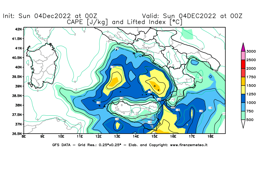 Mappa di analisi GFS - CAPE [J/kg] e Lifted Index [°C] in Sud-Italia
							del 04/12/2022 00 <!--googleoff: index-->UTC<!--googleon: index-->