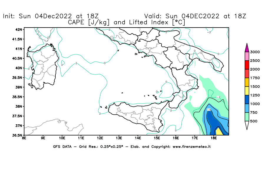 Mappa di analisi GFS - CAPE [J/kg] e Lifted Index [°C] in Sud-Italia
							del 04/12/2022 18 <!--googleoff: index-->UTC<!--googleon: index-->