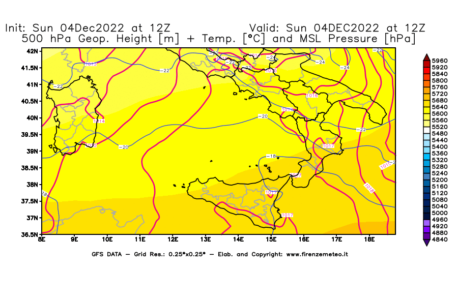Mappa di analisi GFS - Geopotenziale [m] + Temp. [°C] a 500 hPa + Press. a livello del mare [hPa] in Sud-Italia
							del 04/12/2022 12 <!--googleoff: index-->UTC<!--googleon: index-->