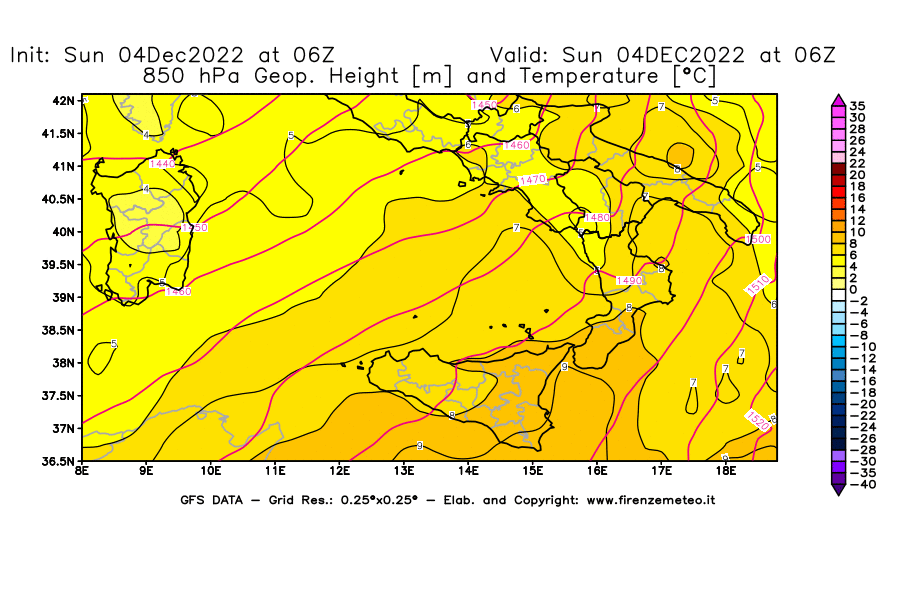 Mappa di analisi GFS - Geopotenziale [m] e Temperatura [°C] a 850 hPa in Sud-Italia
							del 04/12/2022 06 <!--googleoff: index-->UTC<!--googleon: index-->