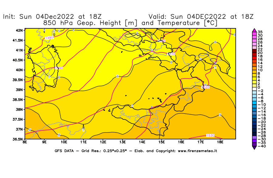 Mappa di analisi GFS - Geopotenziale [m] e Temperatura [°C] a 850 hPa in Sud-Italia
							del 04/12/2022 18 <!--googleoff: index-->UTC<!--googleon: index-->