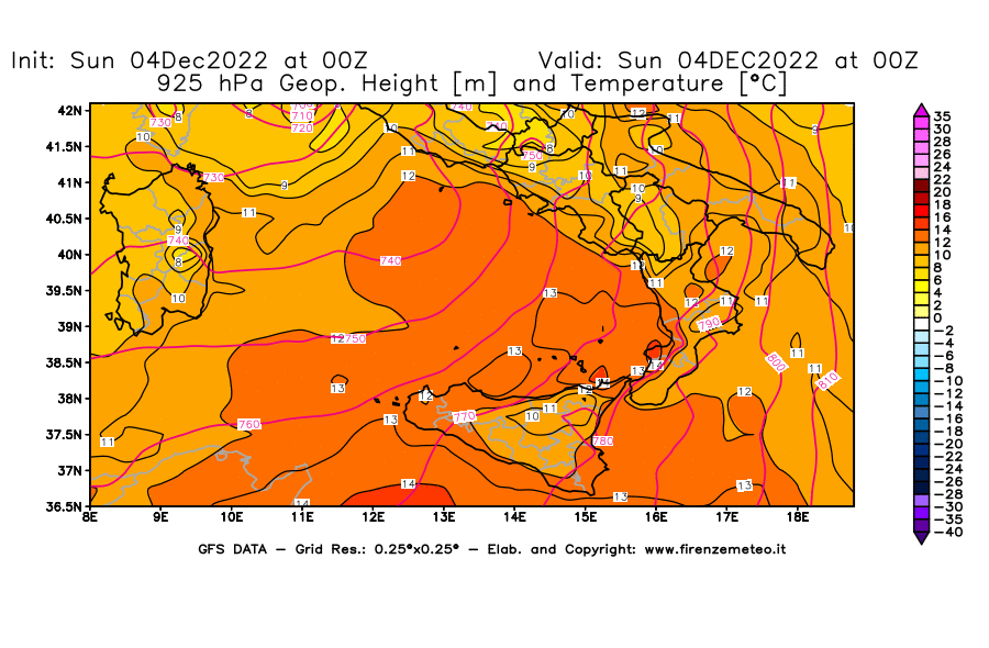 Mappa di analisi GFS - Geopotenziale [m] e Temperatura [°C] a 925 hPa in Sud-Italia
							del 04/12/2022 00 <!--googleoff: index-->UTC<!--googleon: index-->