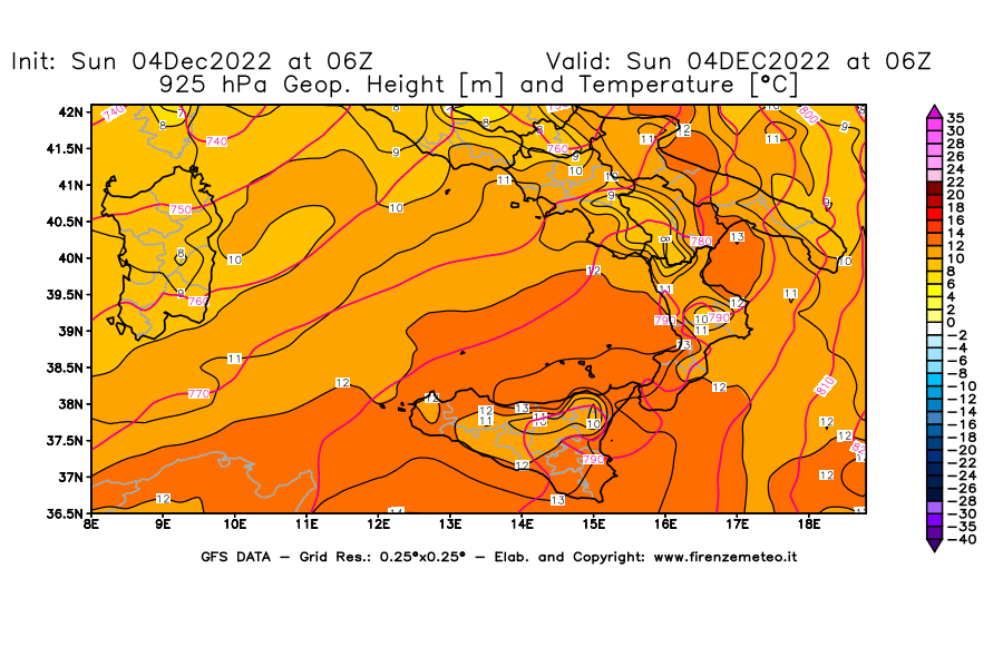 Mappa di analisi GFS - Geopotenziale [m] e Temperatura [°C] a 925 hPa in Sud-Italia
							del 04/12/2022 06 <!--googleoff: index-->UTC<!--googleon: index-->