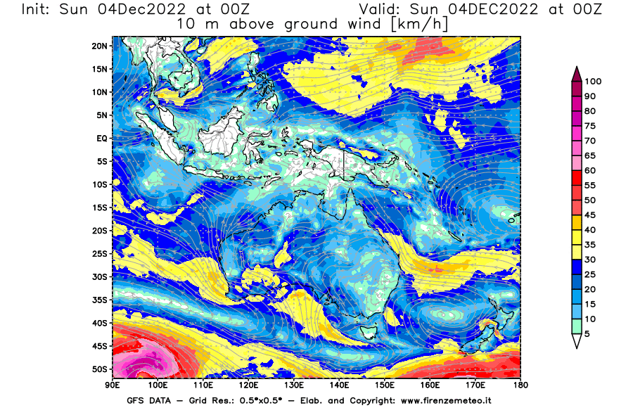 Mappa di analisi GFS - Velocità del vento a 10 metri dal suolo [km/h] in Oceania
							del 04/12/2022 00 <!--googleoff: index-->UTC<!--googleon: index-->