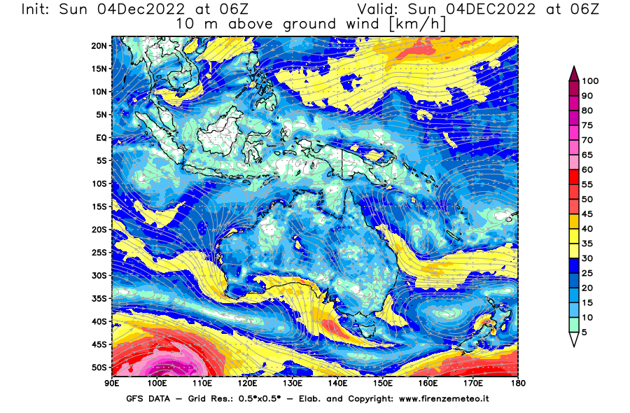 Mappa di analisi GFS - Velocità del vento a 10 metri dal suolo [km/h] in Oceania
							del 04/12/2022 06 <!--googleoff: index-->UTC<!--googleon: index-->
