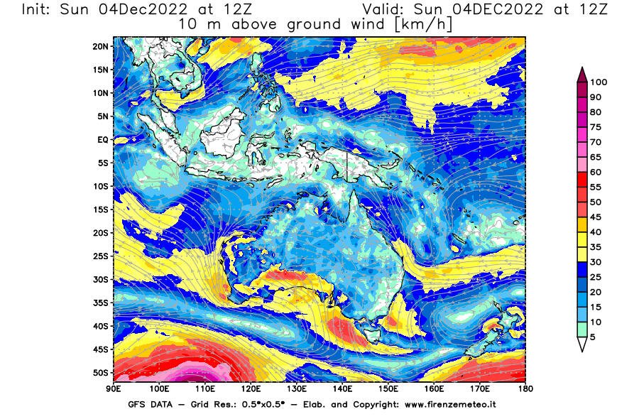 Mappa di analisi GFS - Velocità del vento a 10 metri dal suolo [km/h] in Oceania
							del 04/12/2022 12 <!--googleoff: index-->UTC<!--googleon: index-->