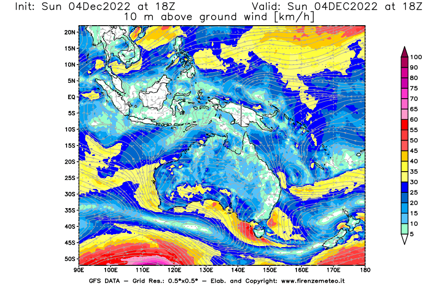 Mappa di analisi GFS - Velocità del vento a 10 metri dal suolo [km/h] in Oceania
							del 04/12/2022 18 <!--googleoff: index-->UTC<!--googleon: index-->