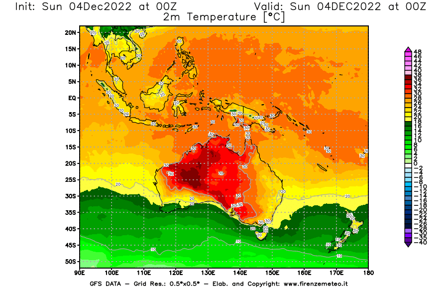 Mappa di analisi GFS - Temperatura a 2 metri dal suolo [°C] in Oceania
							del 04/12/2022 00 <!--googleoff: index-->UTC<!--googleon: index-->