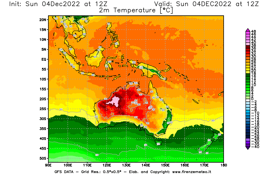 Mappa di analisi GFS - Temperatura a 2 metri dal suolo [°C] in Oceania
							del 04/12/2022 12 <!--googleoff: index-->UTC<!--googleon: index-->