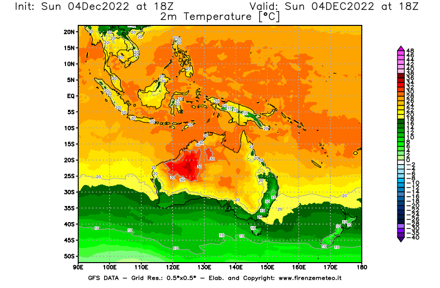 Mappa di analisi GFS - Temperatura a 2 metri dal suolo [°C] in Oceania
							del 04/12/2022 18 <!--googleoff: index-->UTC<!--googleon: index-->