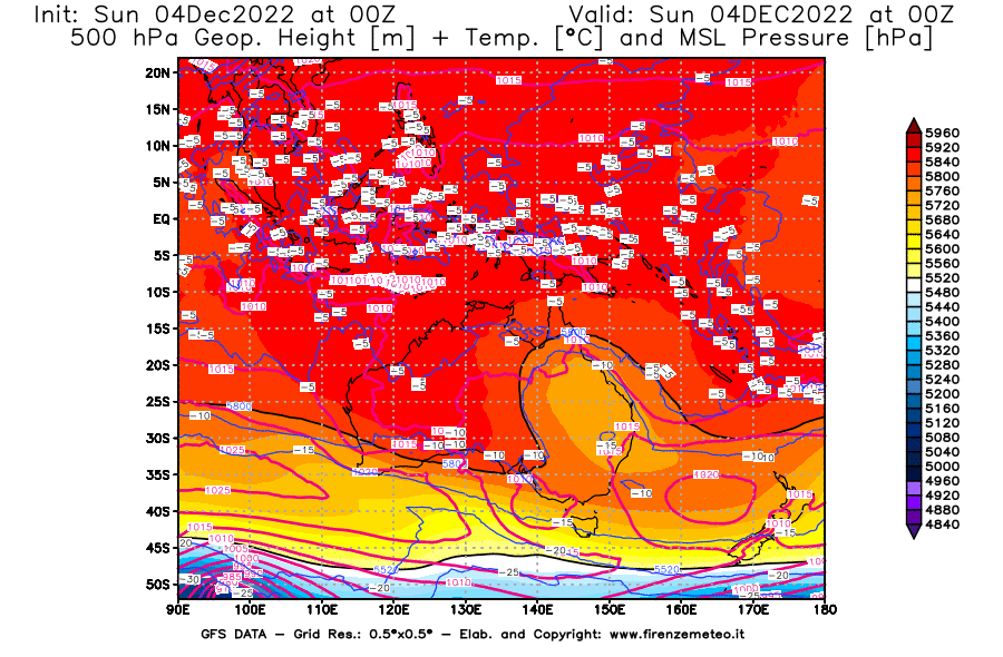 Mappa di analisi GFS - Geopotenziale [m] + Temp. [°C] a 500 hPa + Press. a livello del mare [hPa] in Oceania
							del 04/12/2022 00 <!--googleoff: index-->UTC<!--googleon: index-->