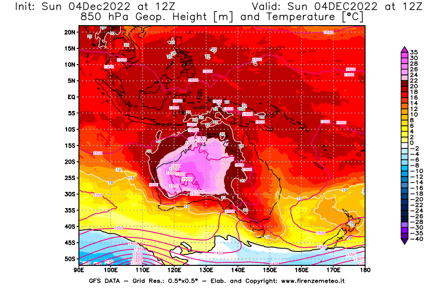 Mappa di analisi GFS - Geopotenziale [m] e Temperatura [°C] a 850 hPa in Oceania
							del 04/12/2022 12 <!--googleoff: index-->UTC<!--googleon: index-->