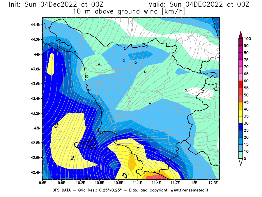 Mappa di analisi GFS - Velocità del vento a 10 metri dal suolo [km/h] in Toscana
							del 04/12/2022 00 <!--googleoff: index-->UTC<!--googleon: index-->