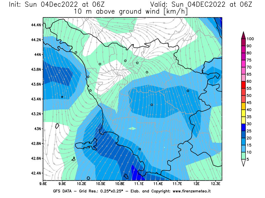 Mappa di analisi GFS - Velocità del vento a 10 metri dal suolo [km/h] in Toscana
							del 04/12/2022 06 <!--googleoff: index-->UTC<!--googleon: index-->