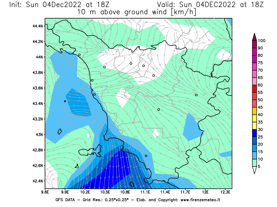 Mappa di analisi GFS - Velocità del vento a 10 metri dal suolo [km/h] in Toscana
							del 04/12/2022 18 <!--googleoff: index-->UTC<!--googleon: index-->