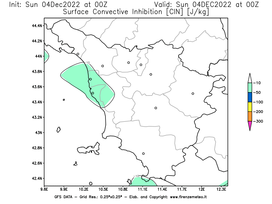 Mappa di analisi GFS - CIN [J/kg] in Toscana
							del 04/12/2022 00 <!--googleoff: index-->UTC<!--googleon: index-->