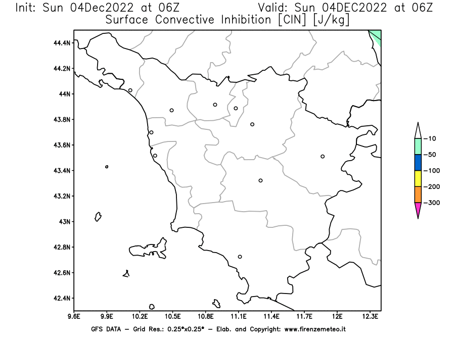 Mappa di analisi GFS - CIN [J/kg] in Toscana
							del 04/12/2022 06 <!--googleoff: index-->UTC<!--googleon: index-->