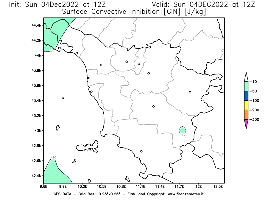 Mappa di analisi GFS - CIN [J/kg] in Toscana
							del 04/12/2022 12 <!--googleoff: index-->UTC<!--googleon: index-->