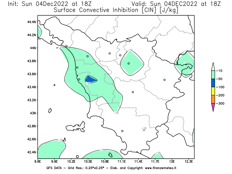 Mappa di analisi GFS - CIN [J/kg] in Toscana
							del 04/12/2022 18 <!--googleoff: index-->UTC<!--googleon: index-->