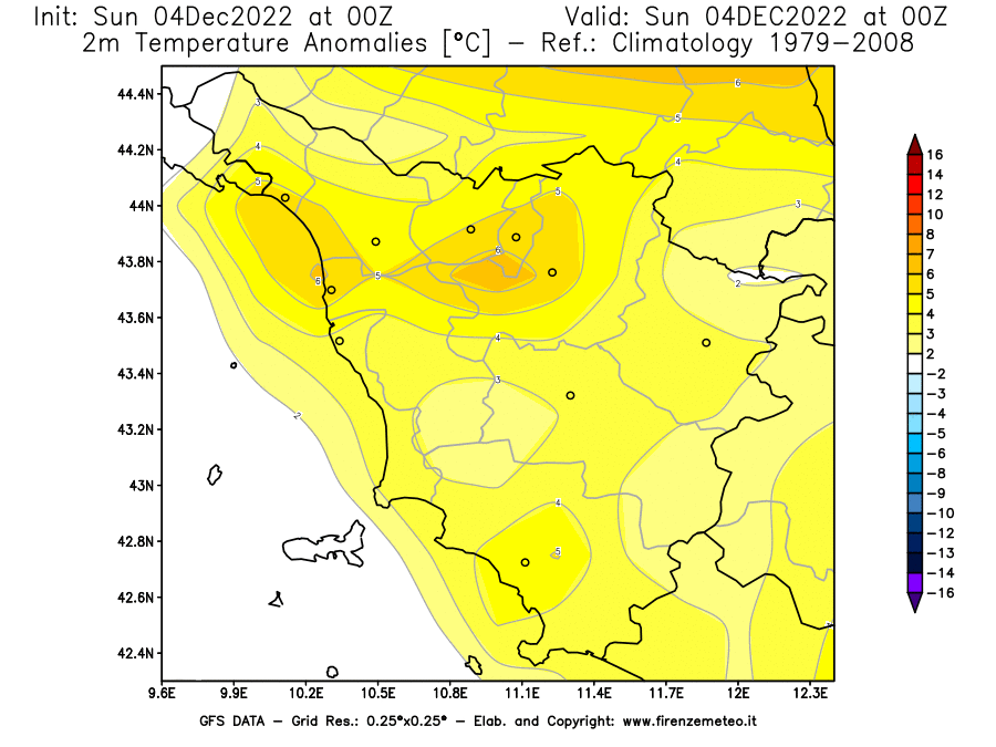 Mappa di analisi GFS - Anomalia Temperatura [°C] a 2 m in Toscana
							del 04/12/2022 00 <!--googleoff: index-->UTC<!--googleon: index-->