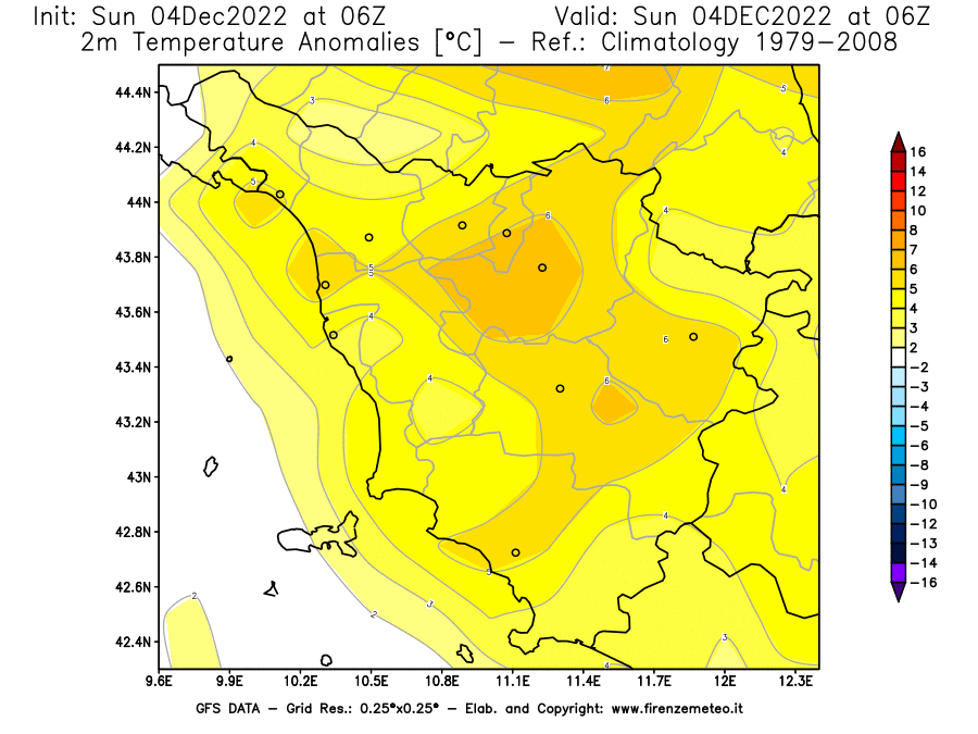 Mappa di analisi GFS - Anomalia Temperatura [°C] a 2 m in Toscana
							del 04/12/2022 06 <!--googleoff: index-->UTC<!--googleon: index-->