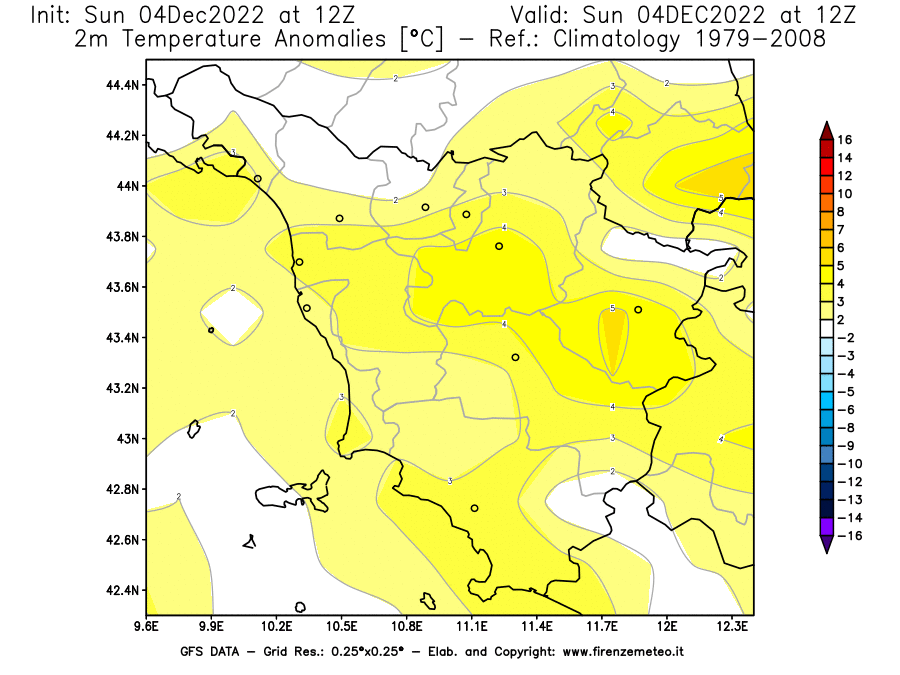 Mappa di analisi GFS - Anomalia Temperatura [°C] a 2 m in Toscana
							del 04/12/2022 12 <!--googleoff: index-->UTC<!--googleon: index-->