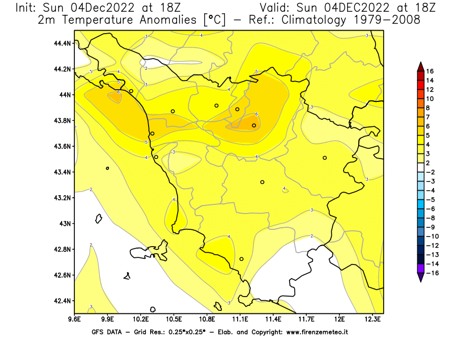 Mappa di analisi GFS - Anomalia Temperatura [°C] a 2 m in Toscana
							del 04/12/2022 18 <!--googleoff: index-->UTC<!--googleon: index-->