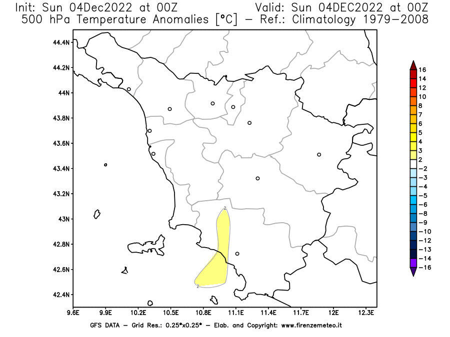Mappa di analisi GFS - Anomalia Temperatura [°C] a 500 hPa in Toscana
							del 04/12/2022 00 <!--googleoff: index-->UTC<!--googleon: index-->