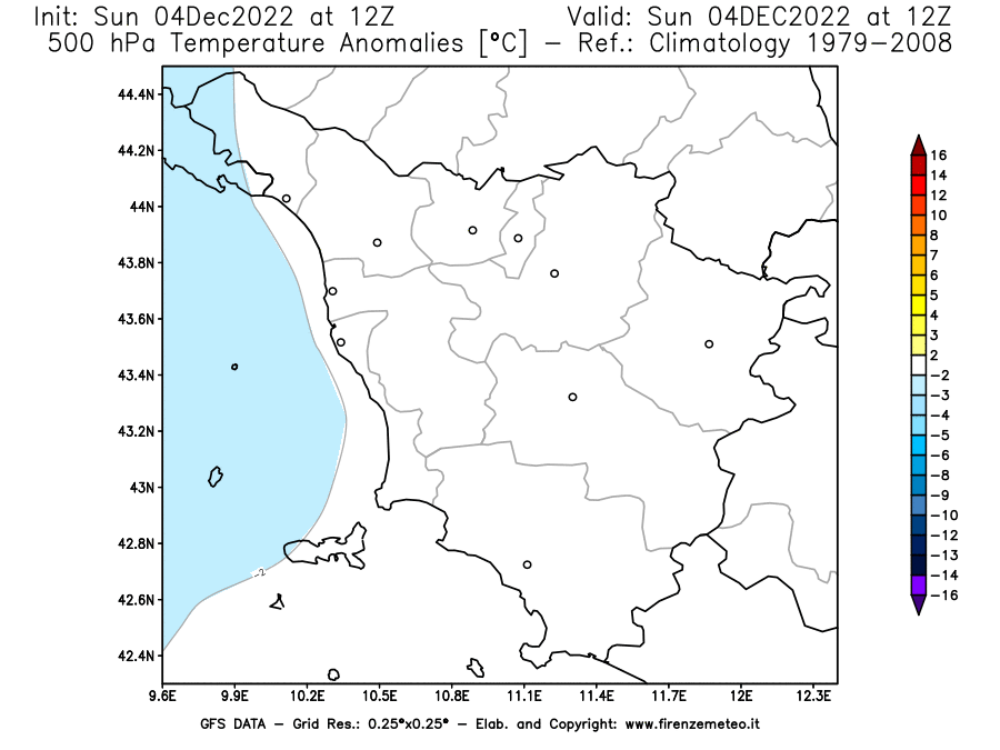 Mappa di analisi GFS - Anomalia Temperatura [°C] a 500 hPa in Toscana
							del 04/12/2022 12 <!--googleoff: index-->UTC<!--googleon: index-->