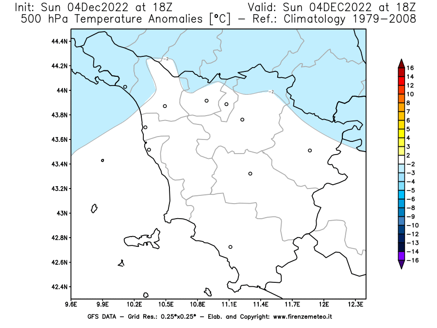 Mappa di analisi GFS - Anomalia Temperatura [°C] a 500 hPa in Toscana
							del 04/12/2022 18 <!--googleoff: index-->UTC<!--googleon: index-->